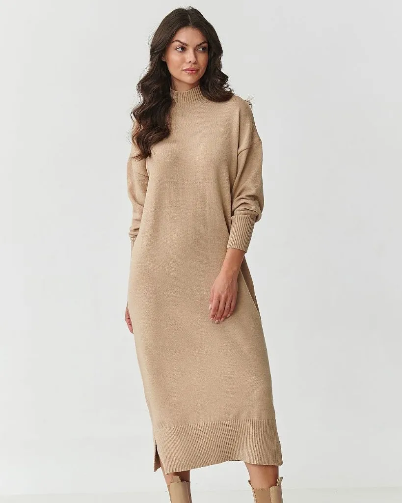 Fall Sweater Dress Outfits 2026 Camel Mock-Neck Midi Sweater Dress for Minimal Effort Maximum Polish