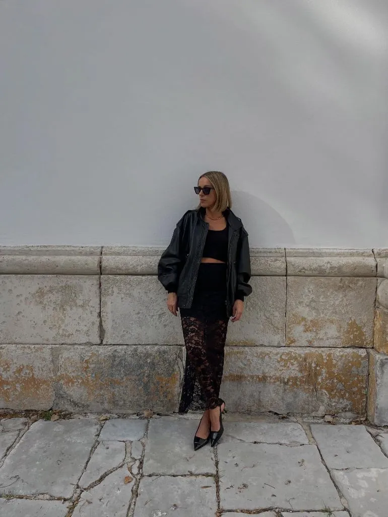 Nice Fall Outfits 2026 Black Leather Jacket Over a Lace Maxi Skirt for Evening Edge