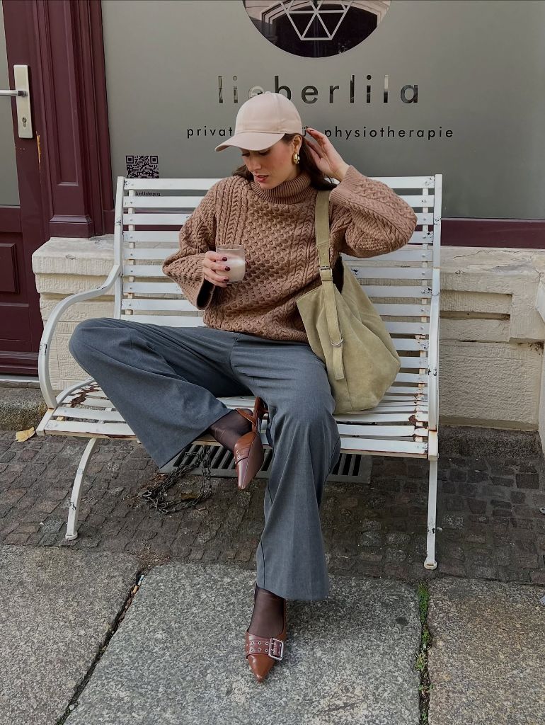 Fall Classy Outfits Women 2026 Camel Cable Knit and Slate Trousers for Bench-Sitting Weekends
