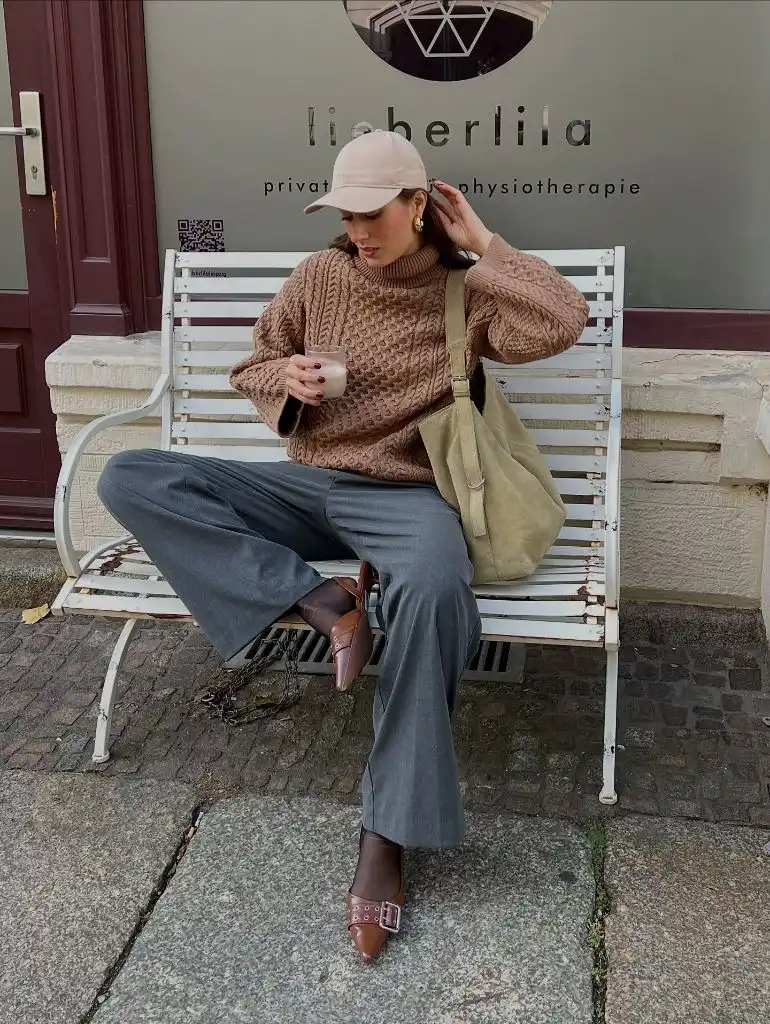 Fall Classy Outfits Women 2026 Camel Cable Knit and Slate Trousers for Bench-Sitting Weekends