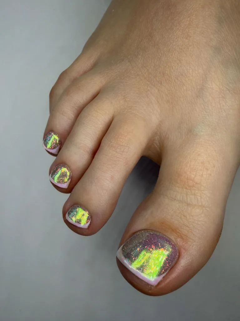 August Toe Nails 2026 Holographic Aurora Nails With Neon Green Flash