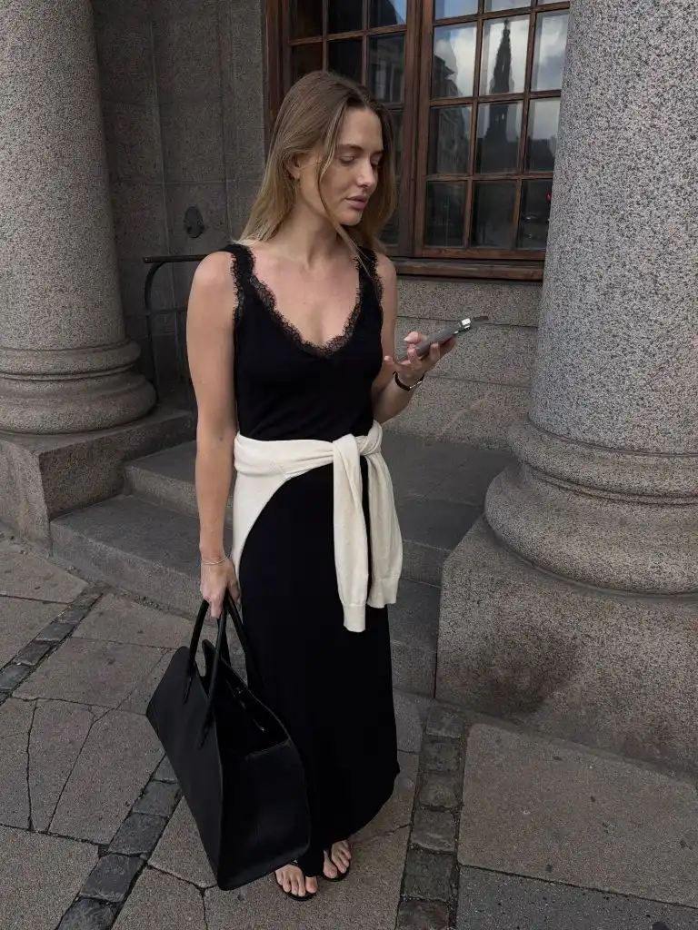 August Outfits 2026 Black Lace-Trim Slip Dress With Tied Cardigan for Evening
