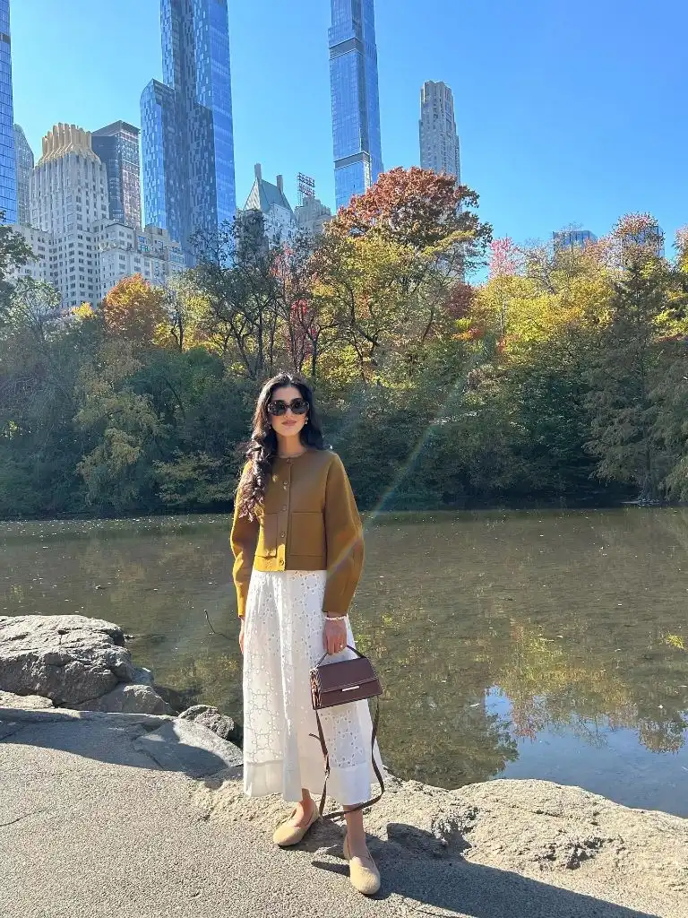 Fall Classy Outfits Women 2026 Mustard Cardigan and Eyelet Skirt for Golden-Hour Wandering