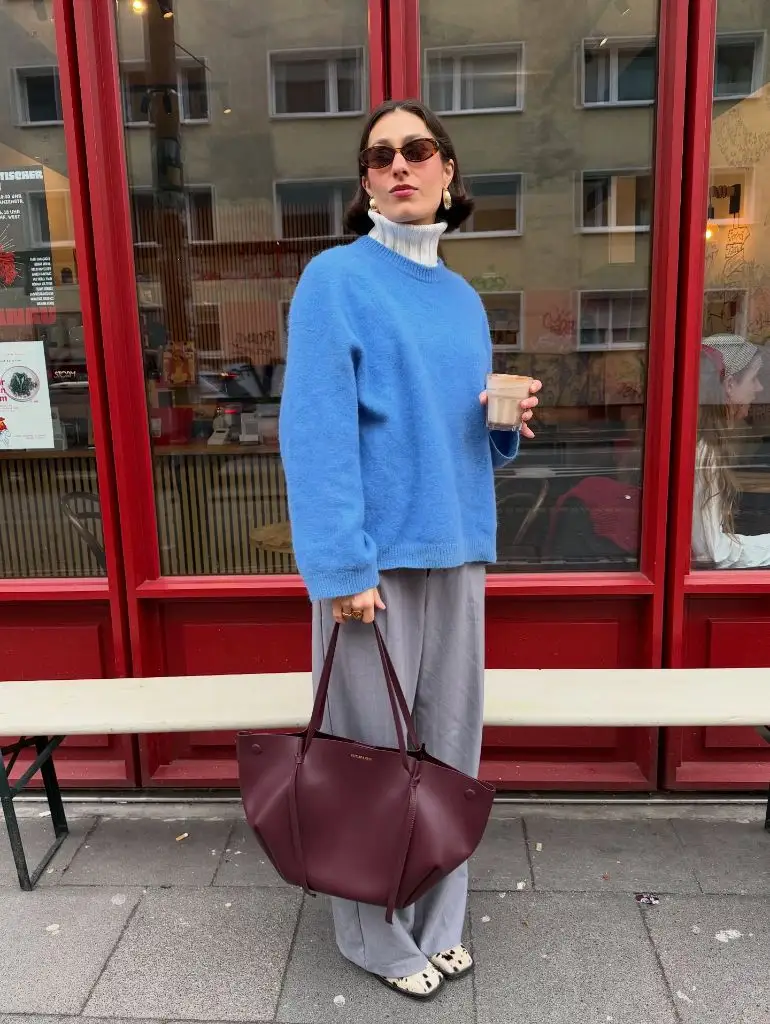 Fall Classy Outfits Women 2026 Cornflower Sweater and Gray Trousers for Café-Window Loitering