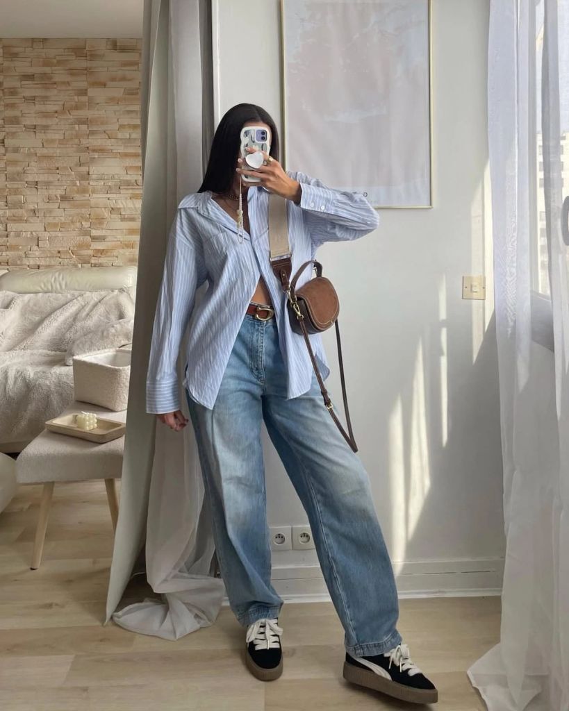 Comfy Fall Outfits 2026 Open Button-Down and Barrel Jeans for a Lazy Sunday