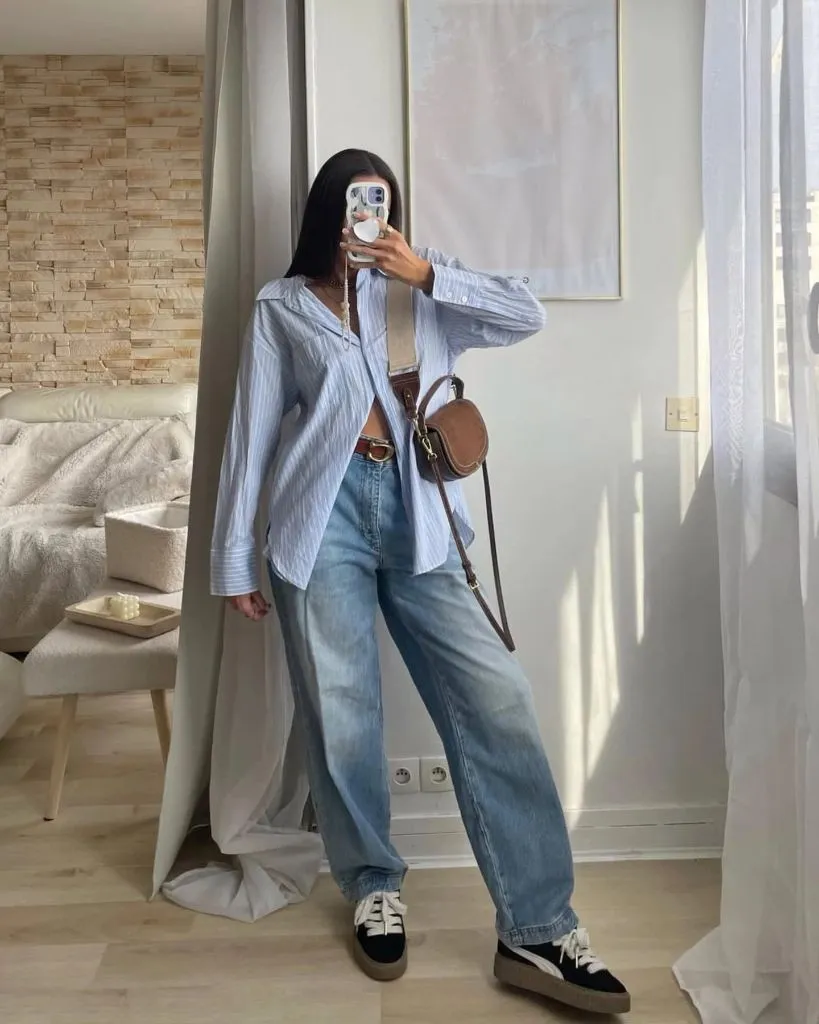 Comfy Fall Outfits 2026 Open Button-Down and Barrel Jeans for a Lazy Sunday