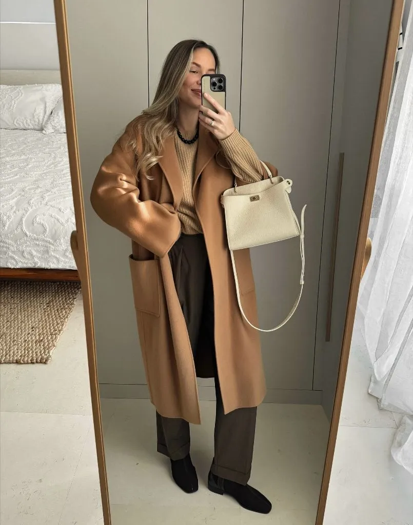 Fall Professional Outfits Women 2026 Camel Wrap Coat With Soft Knit Layering