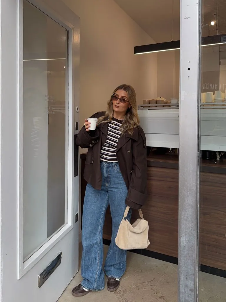 Wide Leg Jeans Outfit Fall 2026 Brown Trench Jacket With Striped Top and Wide Leg Jeans