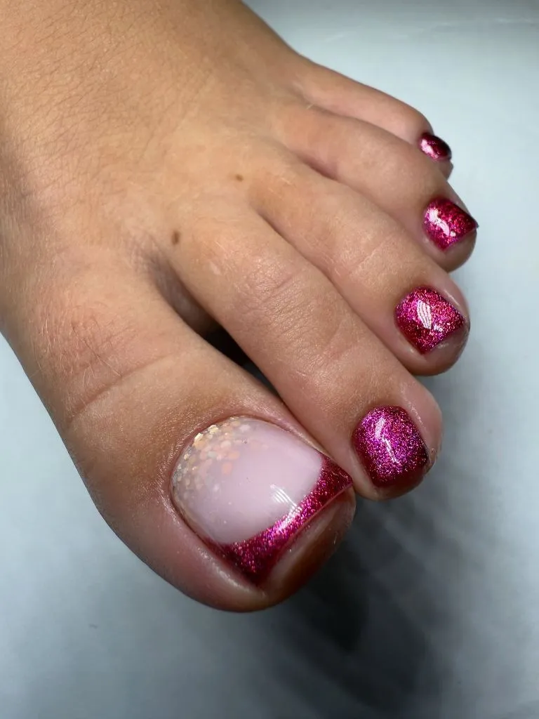 August Toe Nails 2026 Shimmer Magenta French Tips With a Glitter Accent Twist