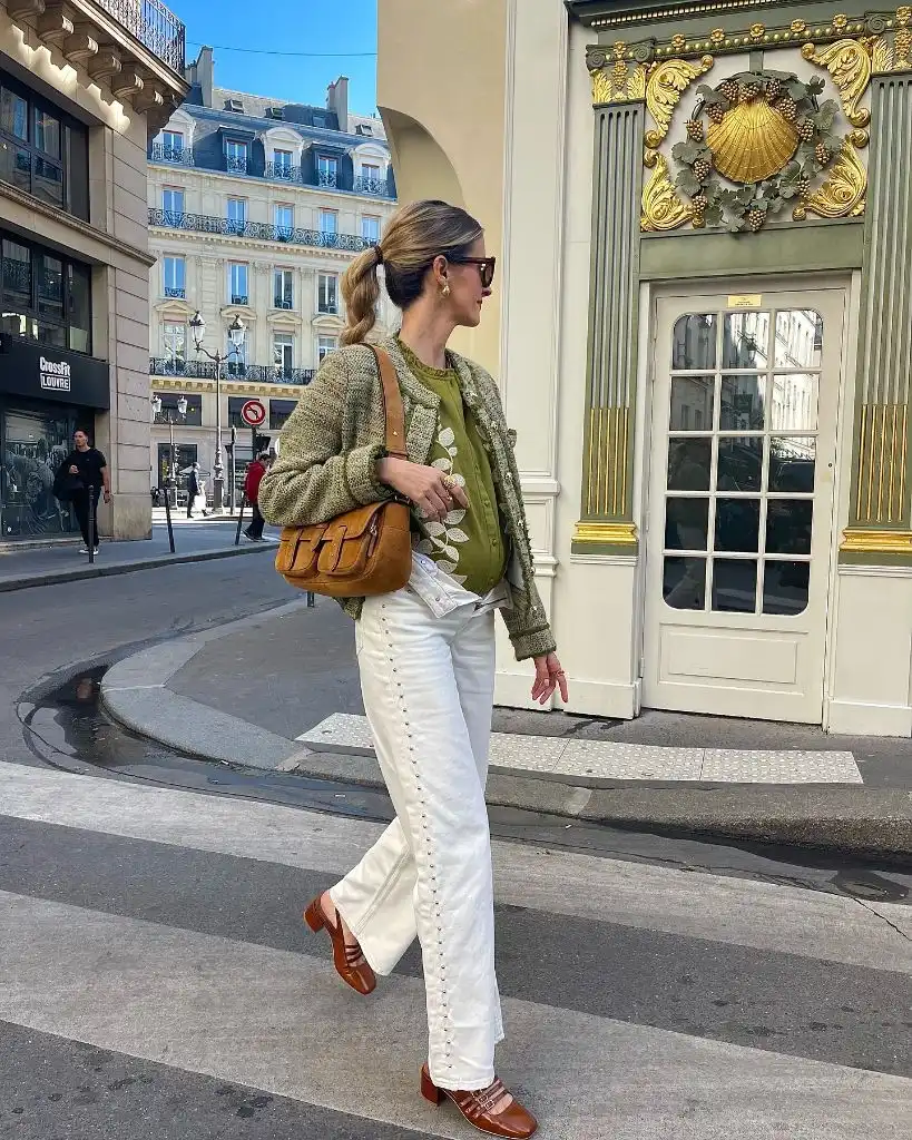 Fall Pregnancy Outfits 2026 Olive Tweed Cardigan With Embroidered Details and White Jeans