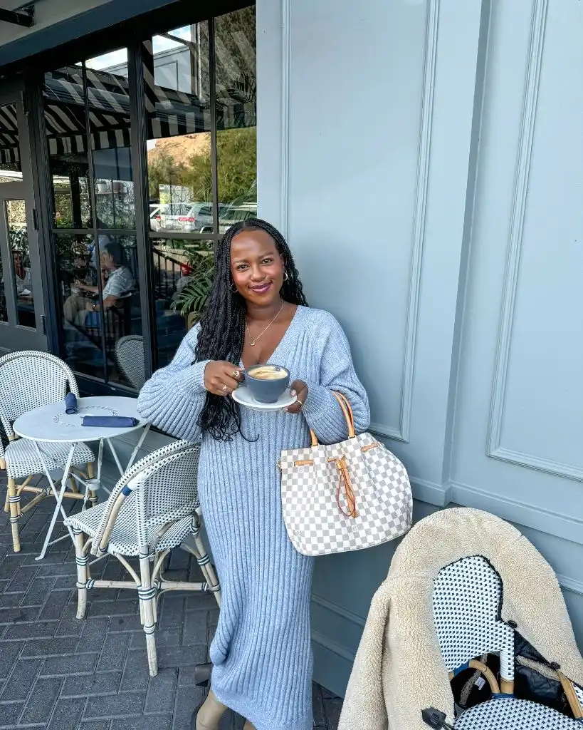 Fall Sweater Dress Outfits 2026 Periwinkle V-Neck Knit Midi for Brunch and Beyond