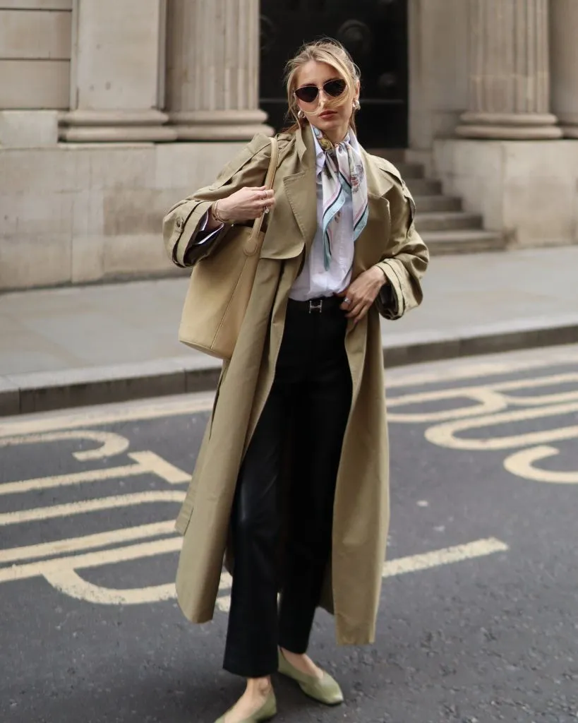 Coat Fall Outfits 2026 Olive-Khaki Trench With Silk Scarf and Leather Trousers