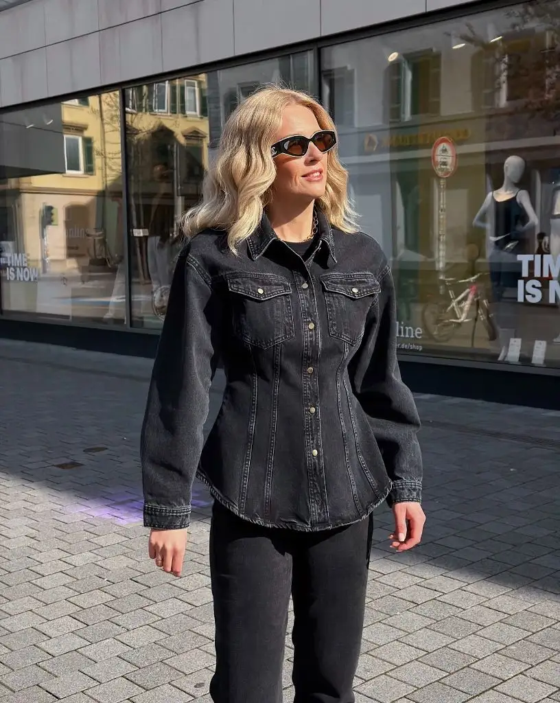 Fall Classy Outfits Women 2026 Washed Black Denim Shirt and Trousers for Bright Sidewalk Sun