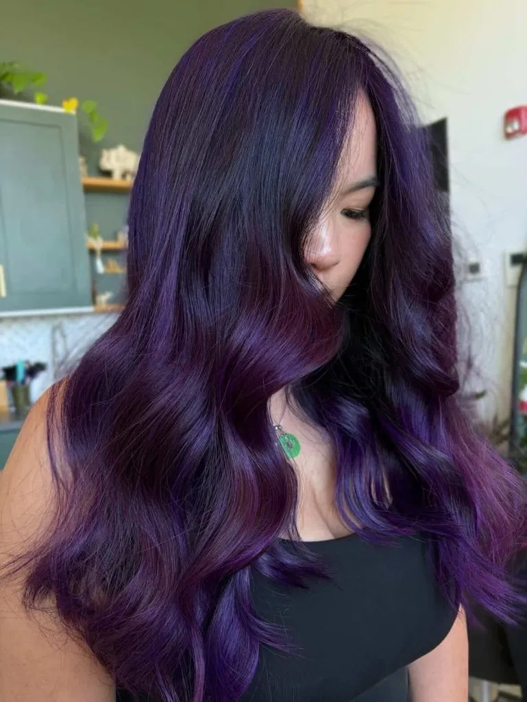 Fall Hair Colour Ideas 2026 Rich Plum-Violet with Long Cascading Waves for Moody Autumn Nights