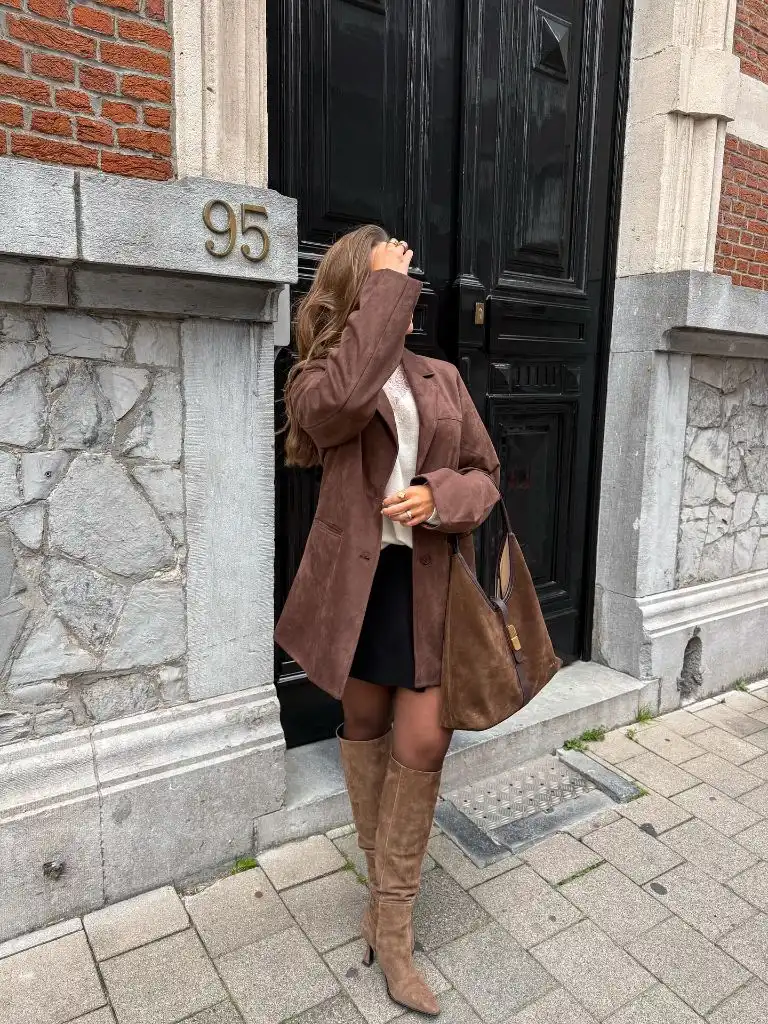 Early Fall Outfits 2026 Brown Suede Coat Redux With Lace Top and Over-the-Knee Boots