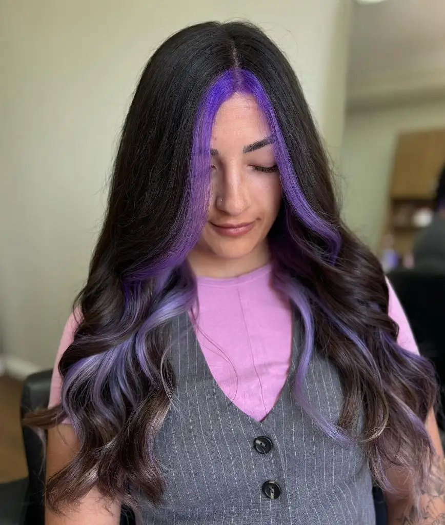 Fall Hair Colour Ideas 2026 Dark Brunette with Vivid Purple Money Piece and Soft Curls