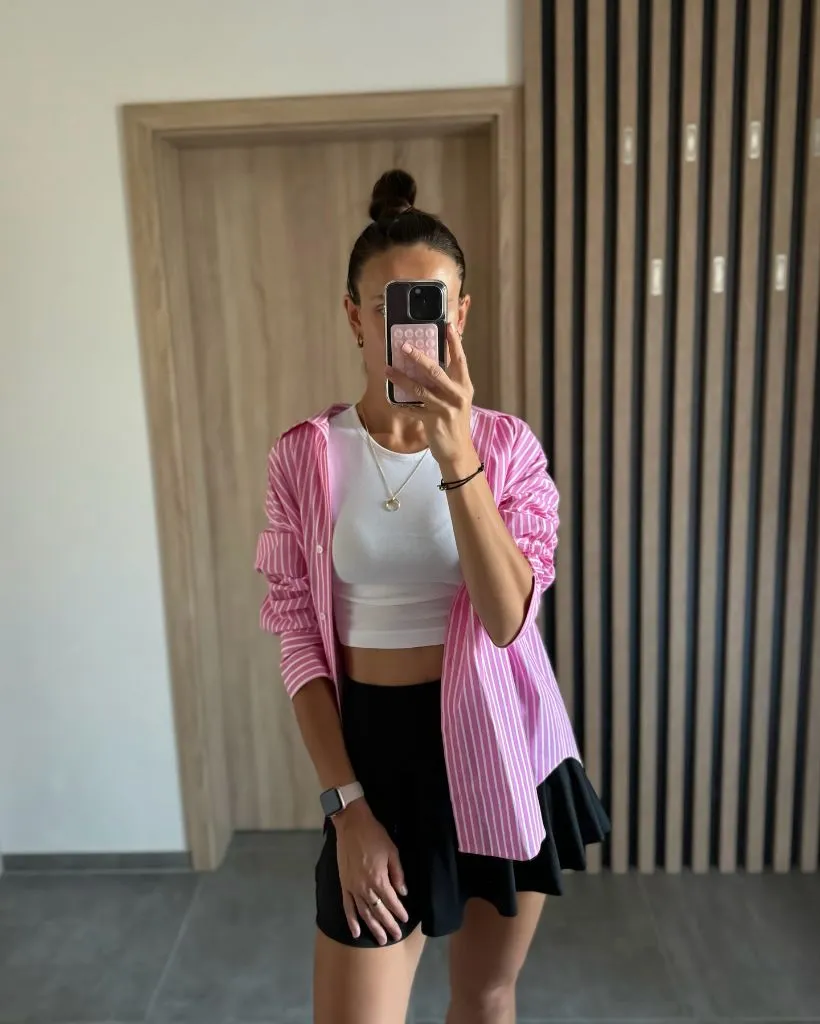 August Outfits 2026 Pink Striped Button-Up Over Skort for Weekend Prep