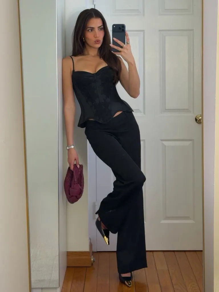 Wide Leg Jeans Outfit Fall 2026 Black Corset Top With Sleek Wide Leg Trousers