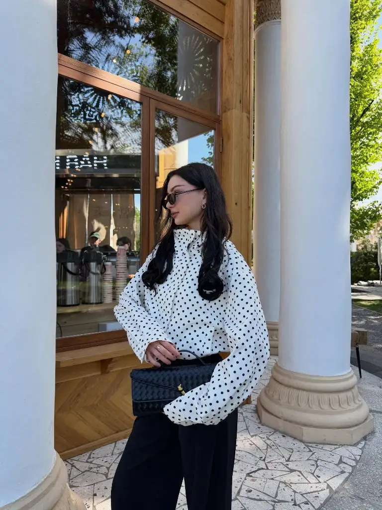 Fall Classy Outfits Women 2026 Polka Dot Blouse and Black Trousers for Terrace Coffee Runs