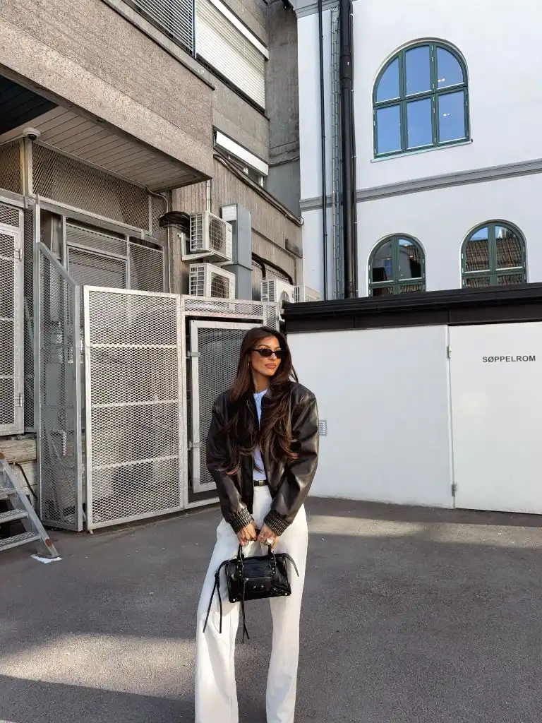 Fall Outfits for 2026 Dark Leather Bomber With White Wide-Leg Trousers