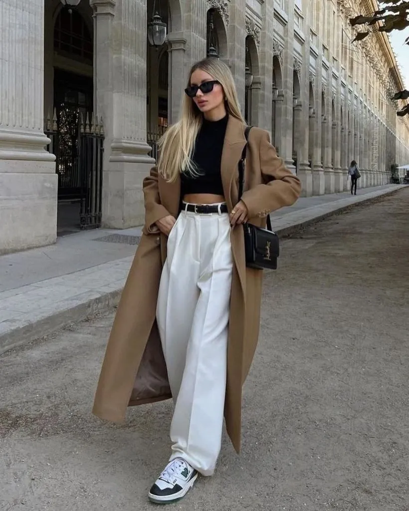 Fall Classy Outfits Women 2026 Camel Coat Over White Trousers for Parisian Afternoons