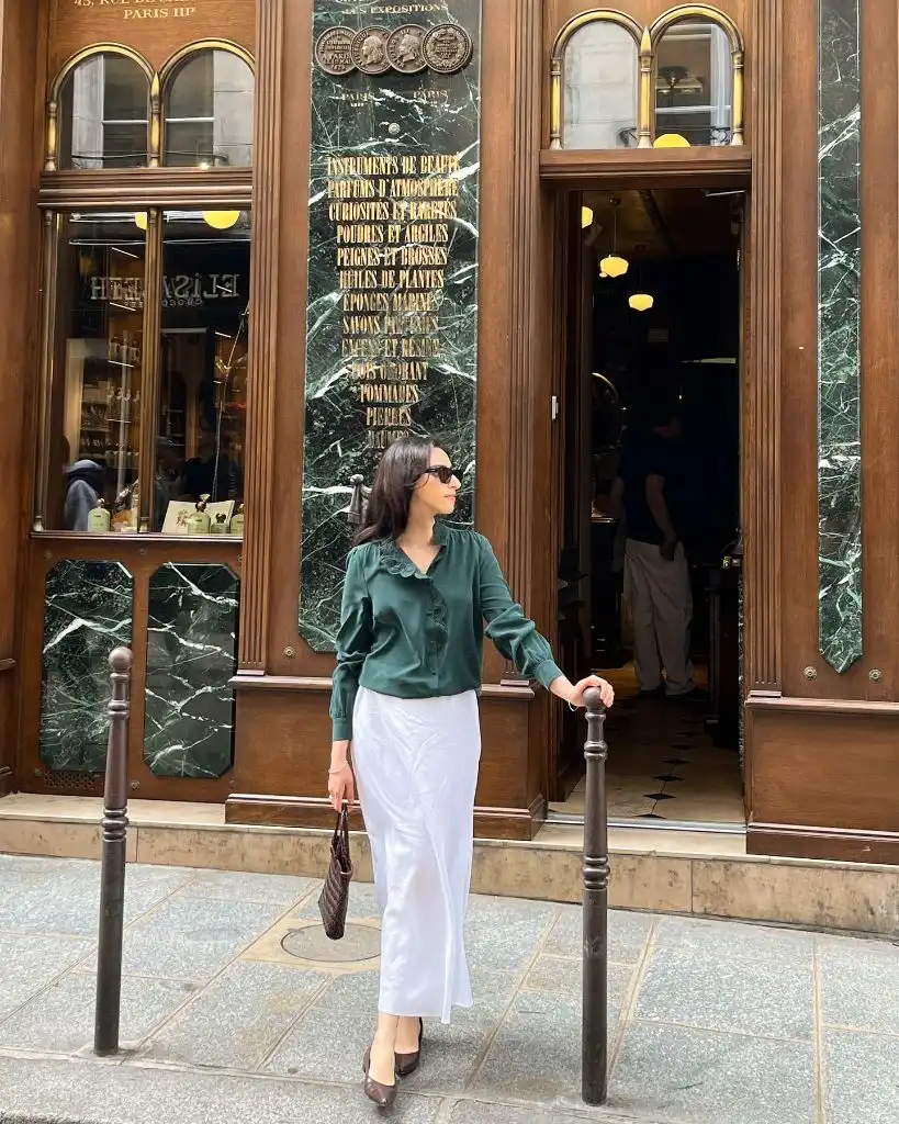 Midi Skirt Fall Outfit 2026 Forest Green Ruffle Blouse With White Satin Midi Skirt In Paris