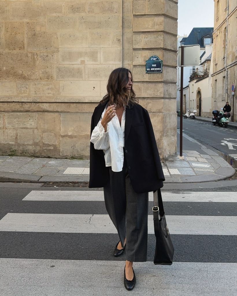 Fall Professional Outfits Women 2026 Black Blazer With White Shirt And Gray Trousers