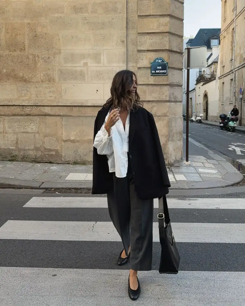 Fall Professional Outfits Women 2026 Black Blazer With White Shirt And Gray Trousers