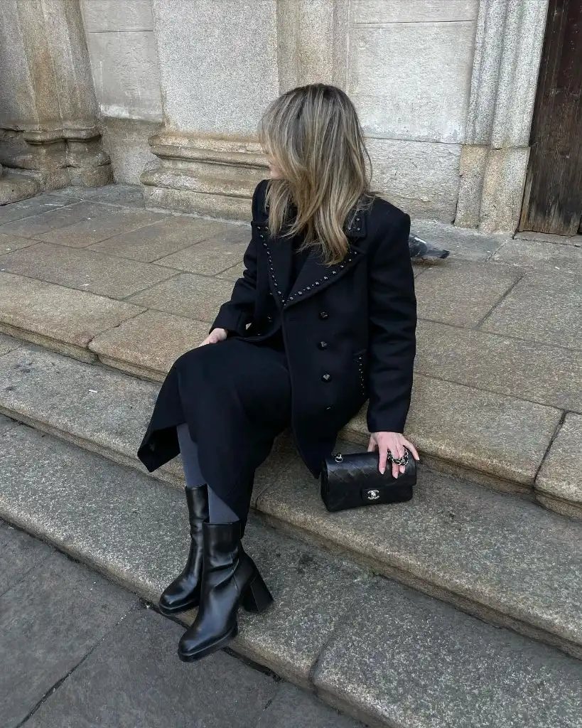 Midi Skirt Fall Outfit 2026 Black Peacoat And Chanel Bag On Stone Steps