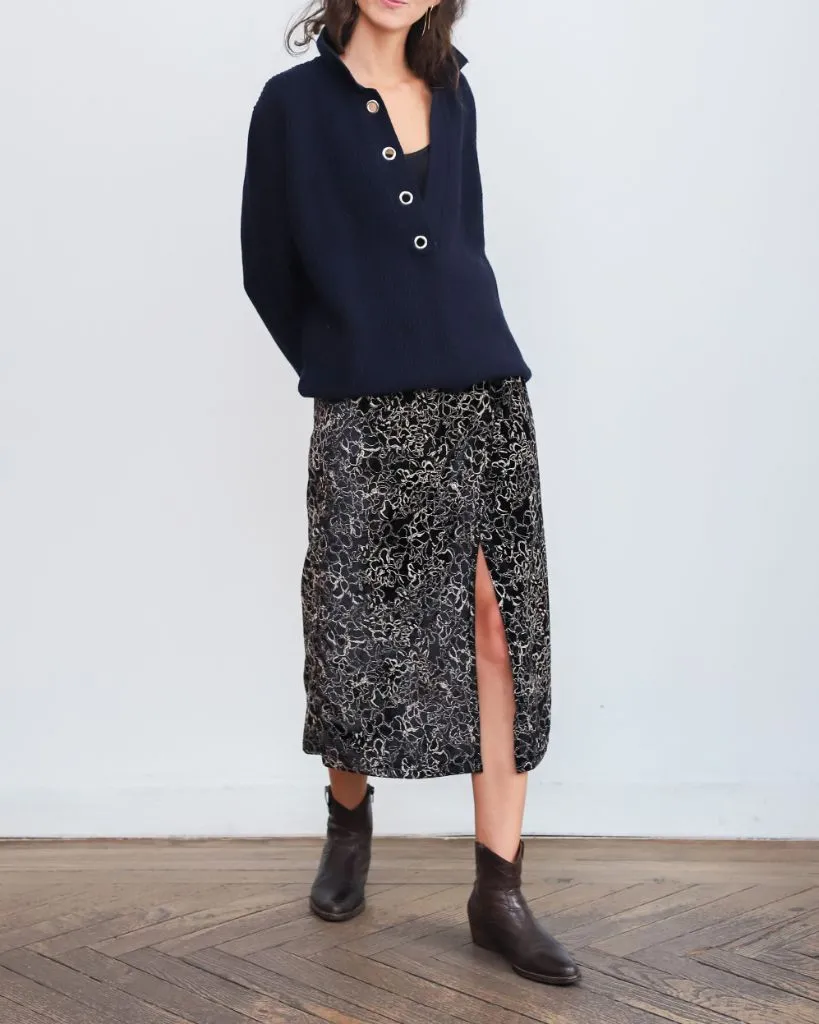 Midi Skirt Fall Outfit 2026 Navy Henley Sweater With Floral Slit Midi Skirt