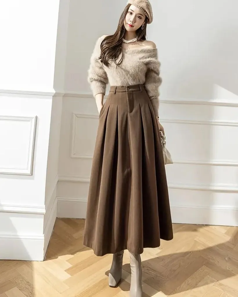 Midi Skirt Fall Outfit 2026 Camel Pleated Midi Skirt With Fuzzy Off-Shoulder Sweater
