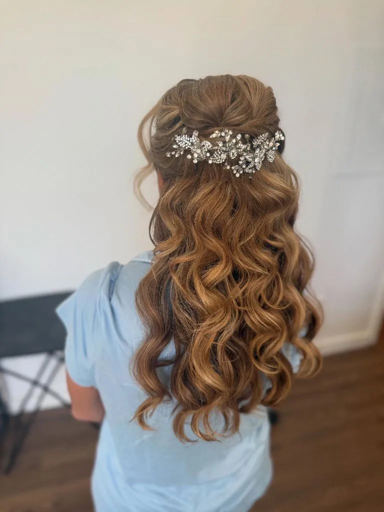 Fall Hairstyles for Wedding Guests 2026 Crystal-Adorned Half-Up with Bouncy Caramel Curls