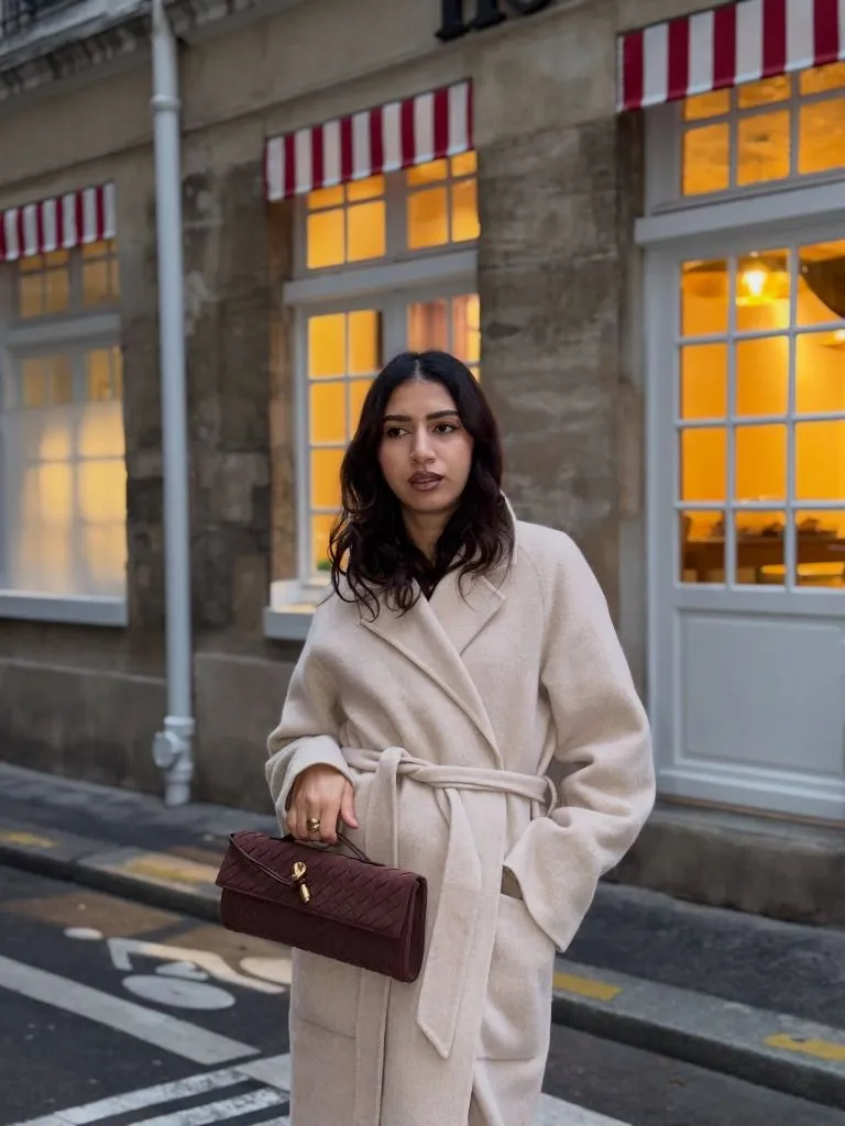 Fall Professional Outfits Women 2026 Oatmeal Wrap Coat With Woven Burgundy Bag