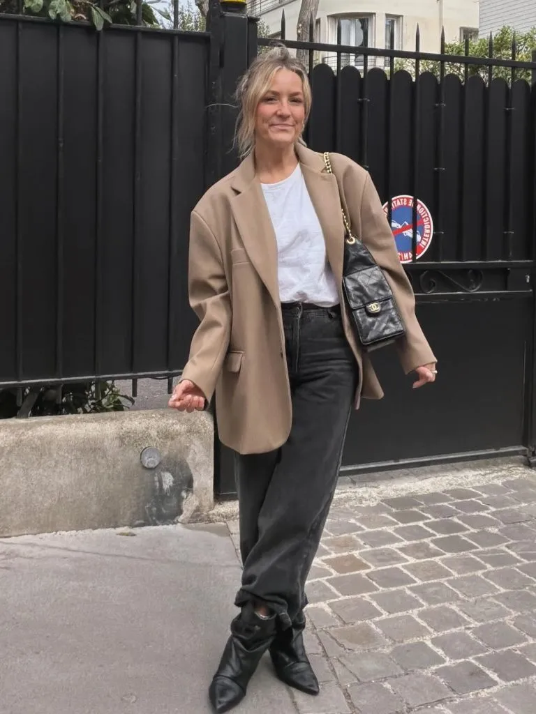 Fall Mom Outfits 2026 Camel Blazer With Faded Black Jeans