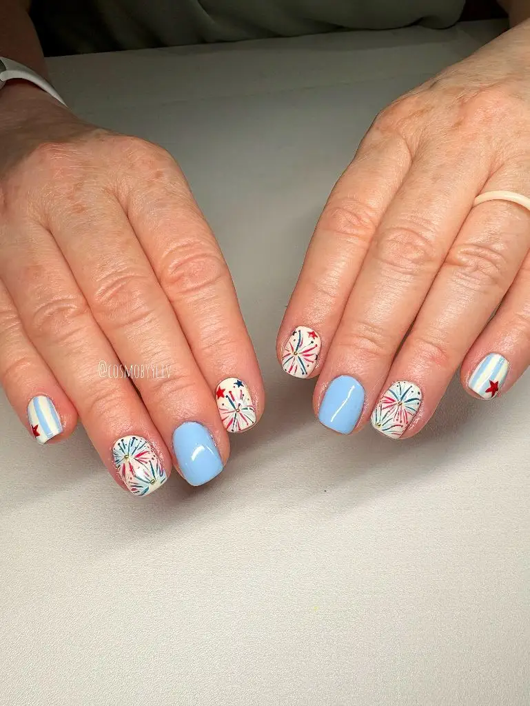 August Nails Color 2026 Red, White, and Blue Firework Nails for a Patriotic August Celebration Look