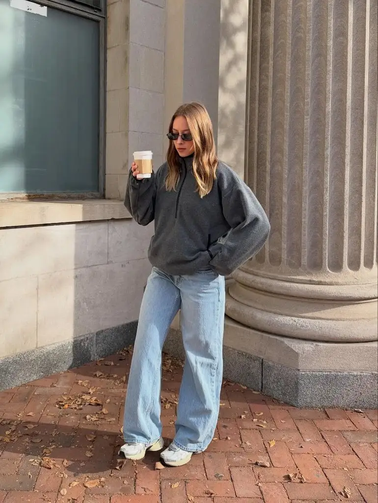 Comfy Fall Outfits 2026 Gray Half-Zip Pullover and Pale Denim for an Understated Walk