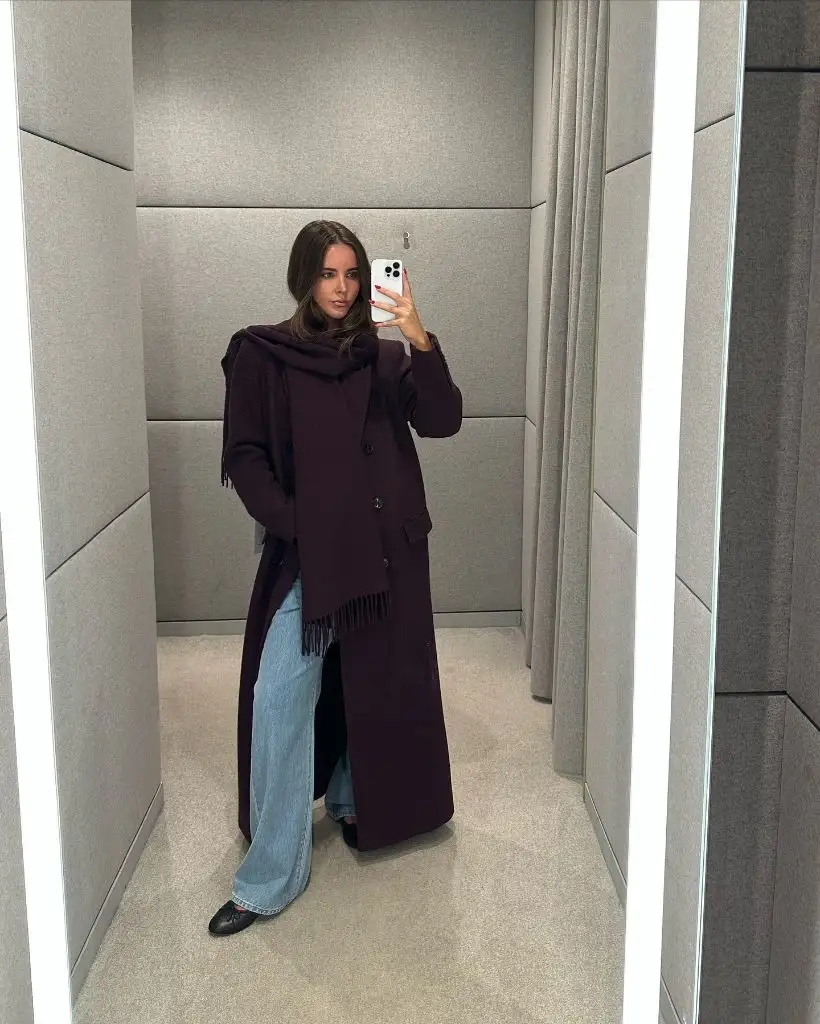 Fall Professional Outfits Women 2026 Belted Burgundy Coat With Scarf-Layered Warmth