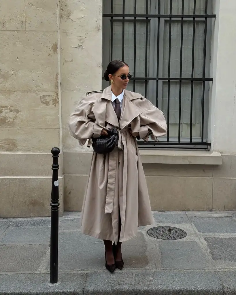 Coat Fall Outfits 2026 Statement Trench With Exaggerated Shoulders and Tie Detail