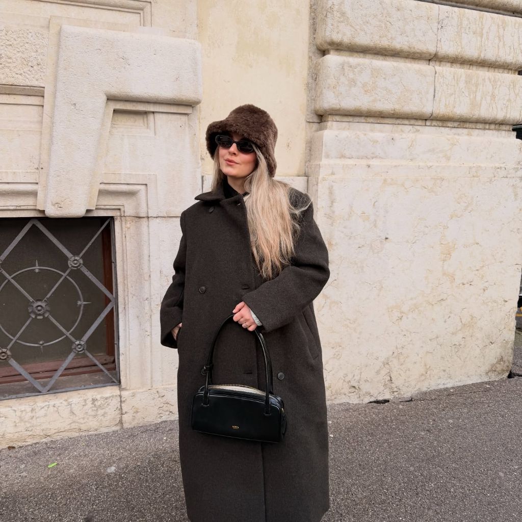 Nice Fall Outfits 2026 Charcoal Wool Coat With a Fur Bucket Hat for Winter-Ready Walks