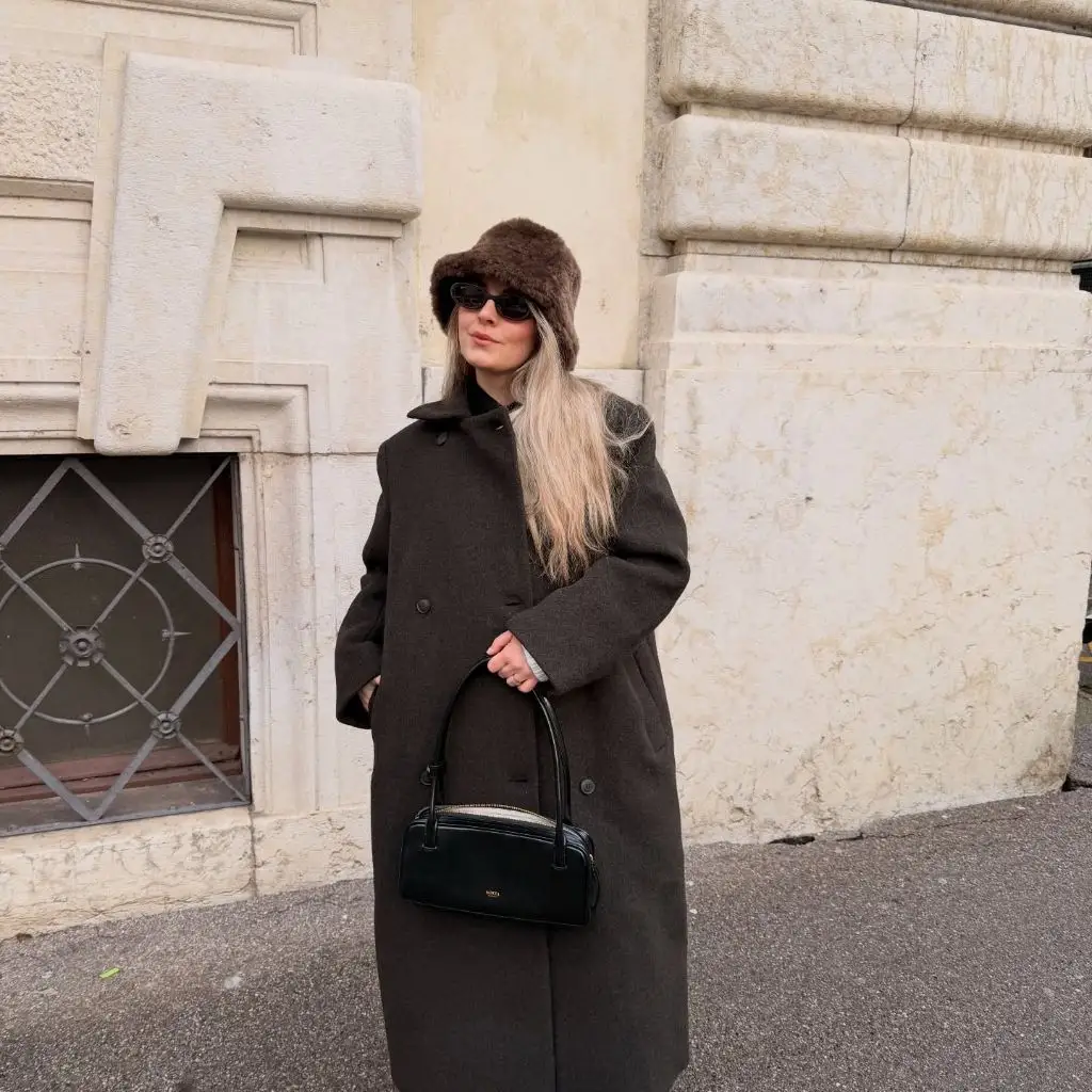 Nice Fall Outfits 2026 Charcoal Wool Coat With a Fur Bucket Hat for Winter-Ready Walks