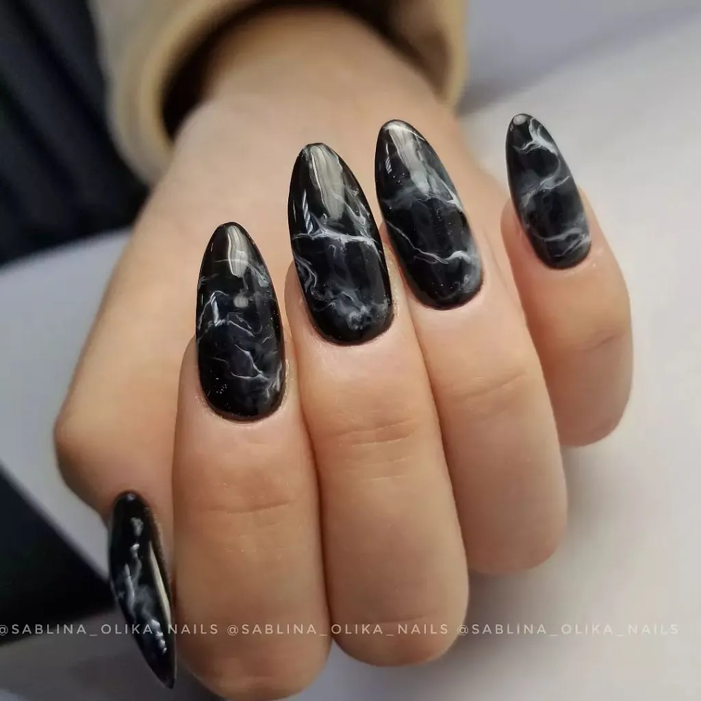 Dark Fall Nails 2026 Black Marble Almond Nails — Moody Fall Manicure Perfection