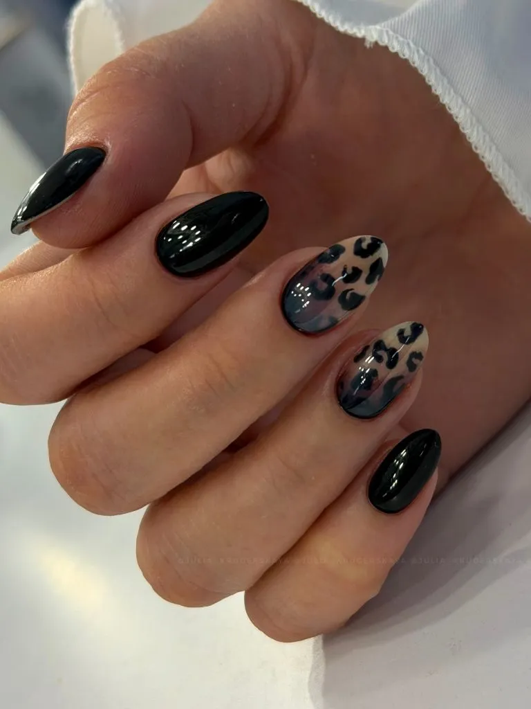 Fall Almond Nails 2026 Black Glossy Almond Nails With Leopard Print Accent