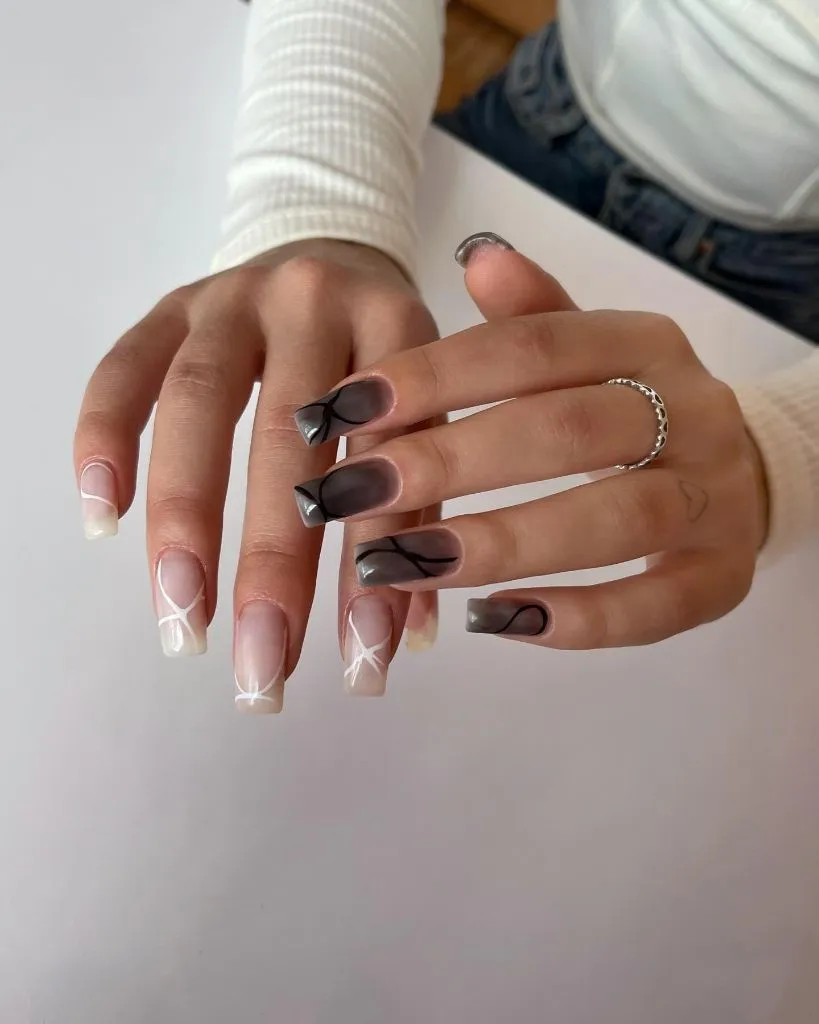 Fall Almond Nails 2026 Smoky Gray and Nude Coffin Nails With Contrasting Swirl Art