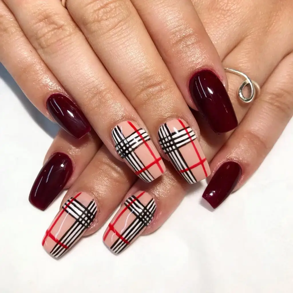 Fall Burgundy Nails With Design Burgundy and Nude Burberry-Plaid Nails: Designer-Inspired Fall Burgundy Nails With Design