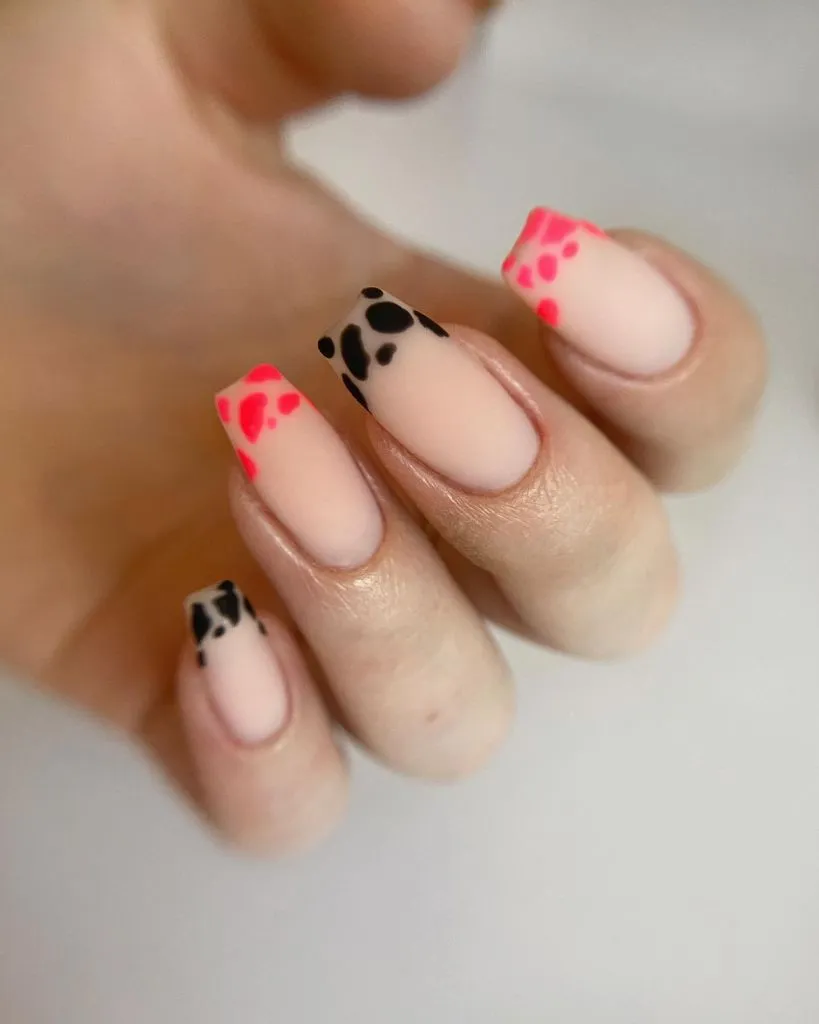 Fall Almond Nails 2026 Nude and Neon Pink Cow Print French Tip Square Nails