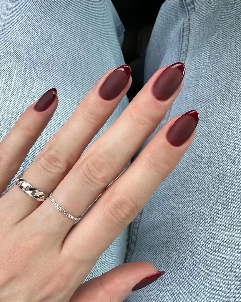 Fall Burgundy Nails With Design Matte-to-Glossy Burgundy French Tips: Modern Fall Burgundy Nail Designs With Texture Contrast