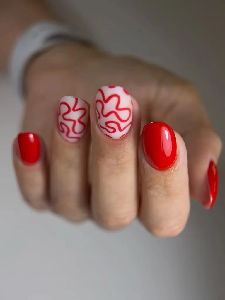 Fall Medium Nail Ideas 2026 Red and White Short Nails With Abstract Squiggle Line Art