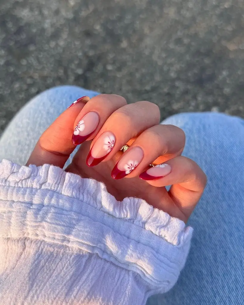 Fall Burgundy Nails With Design Red French Tips With Floral Accents: A Fresh Take on Fall Burgundy Nails With Design