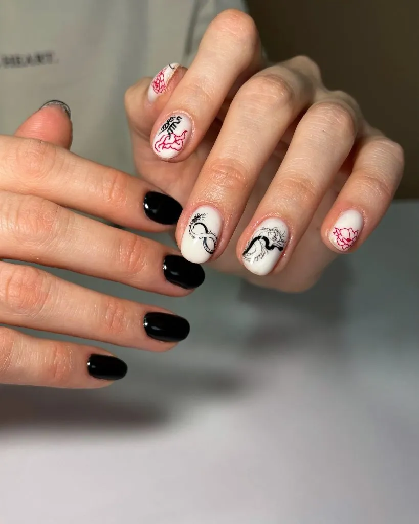 Fall Medium Nail Ideas 2026 Black and White Short Nails With Hand-Painted Snake and Rose Art