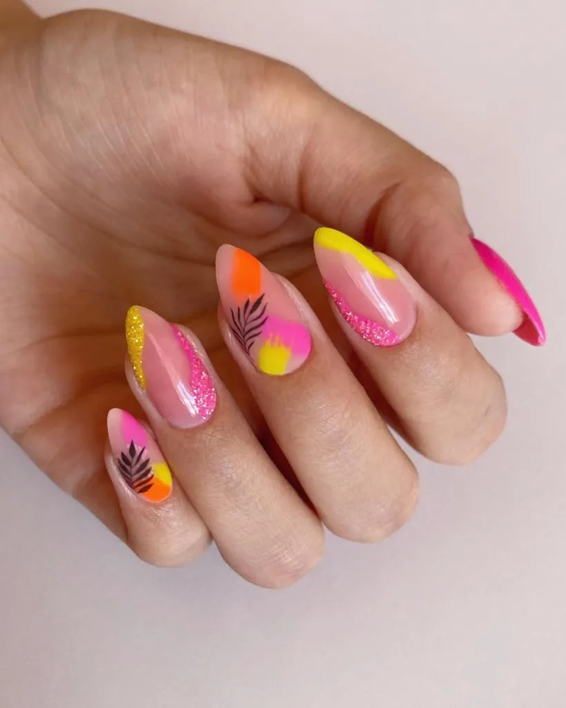 Fall Almond Nails 2026 Neon Tropical Almond Nails With Abstract Color Block and Palm Leaf Art